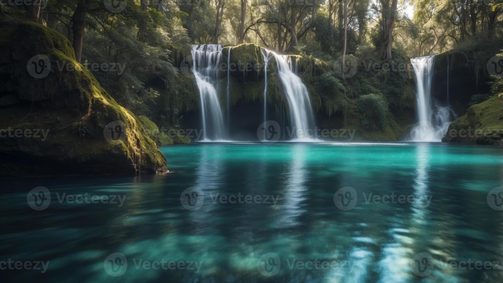 Captivating Turquoise Forest Pool with Cascading Waterfall in Serene Nature Scenery. photo