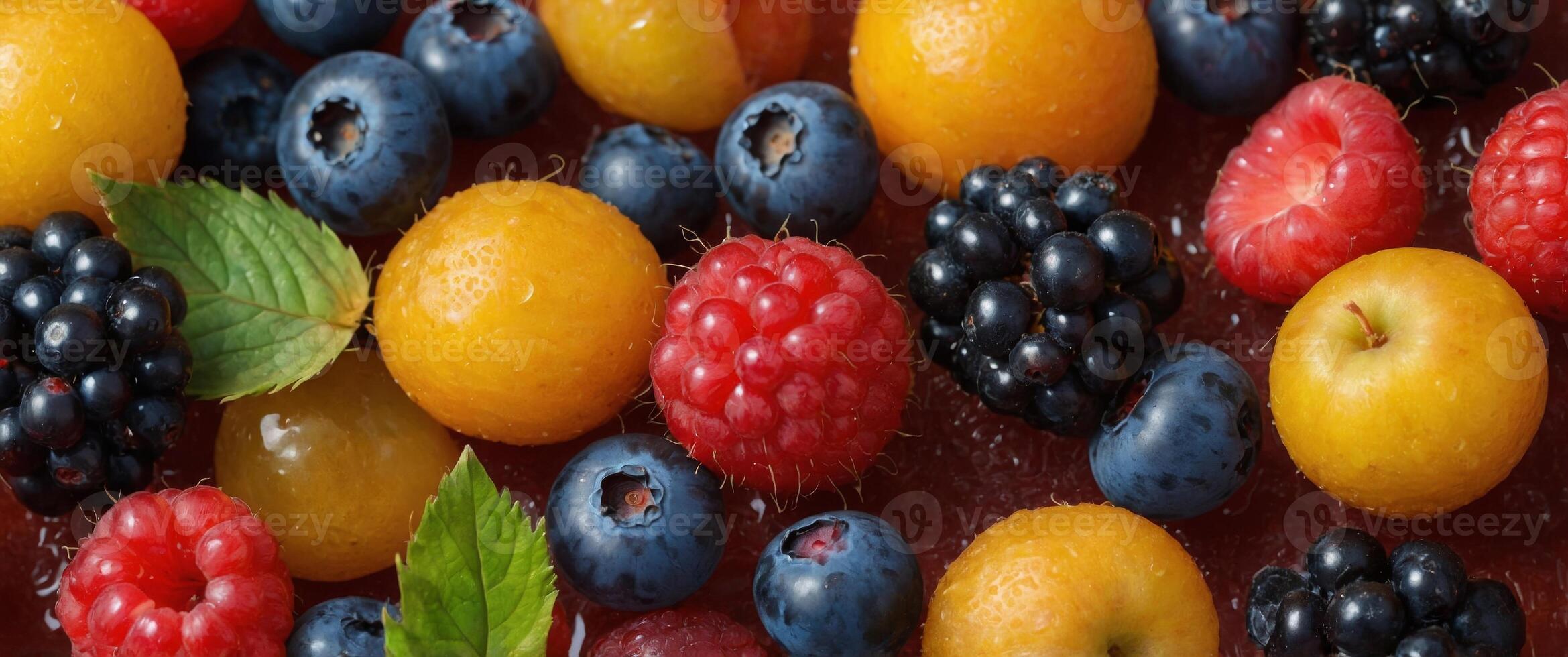 Falling fresh ripe wild berries and fruits. photo