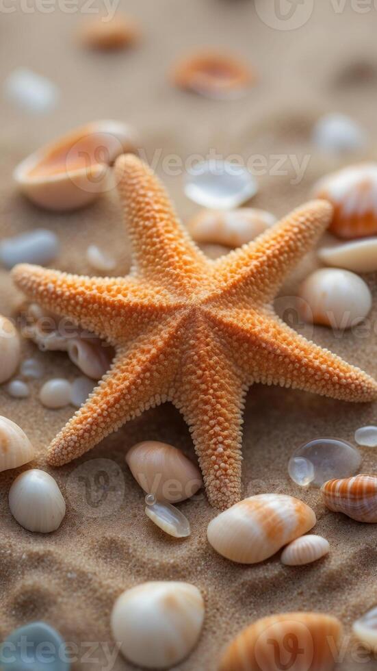 starfish and shells in the sea salts on a sand background. photo
