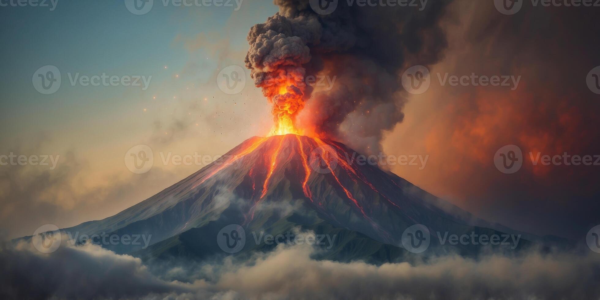 a volcano erupting with smoke and clouds. photo