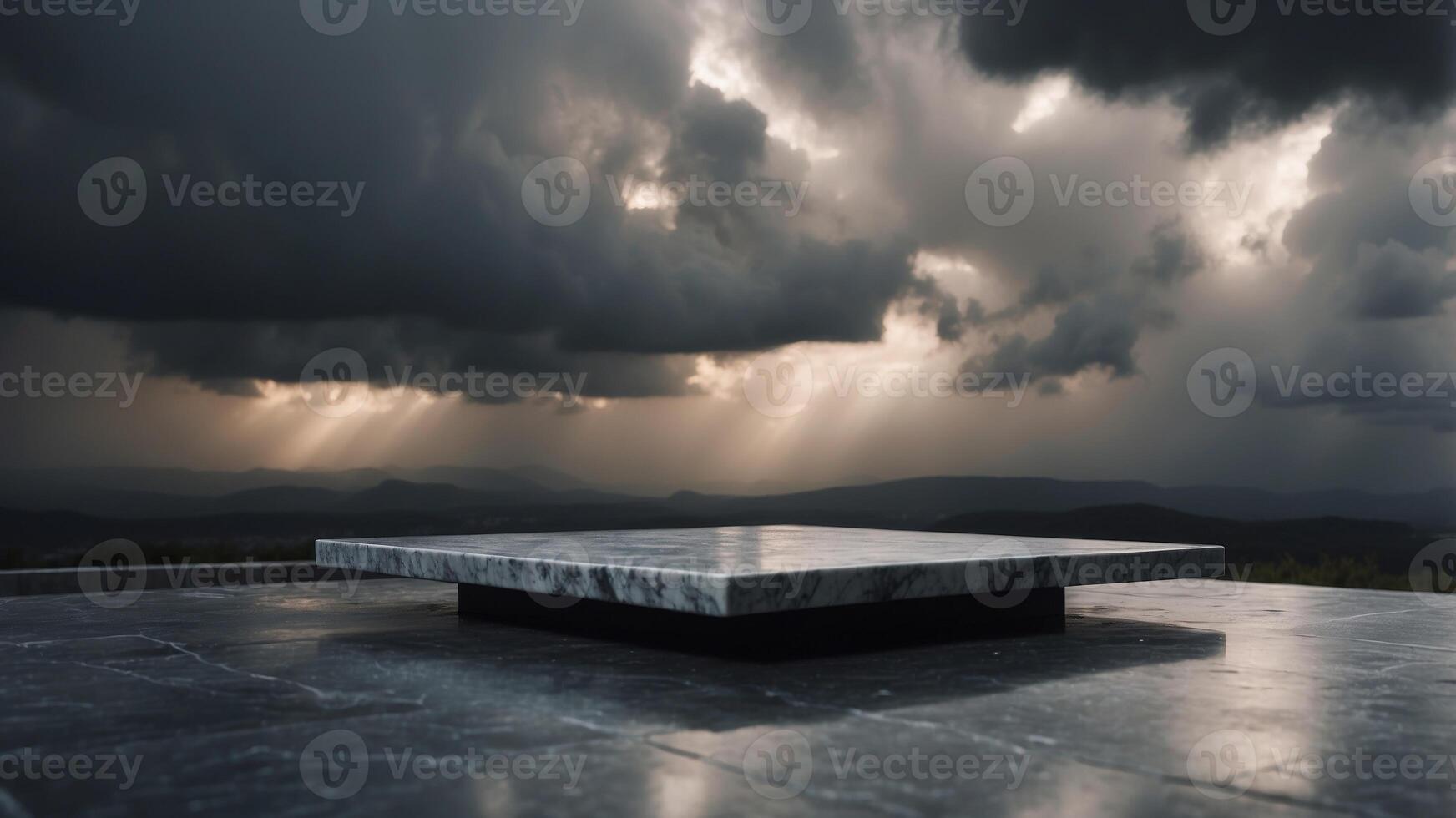 Marble platform serenely floating amid a tumultuous cloudy sky during a dramatic thunderstorm with dark clouds and lightning illuminating the intense moody scene. photo