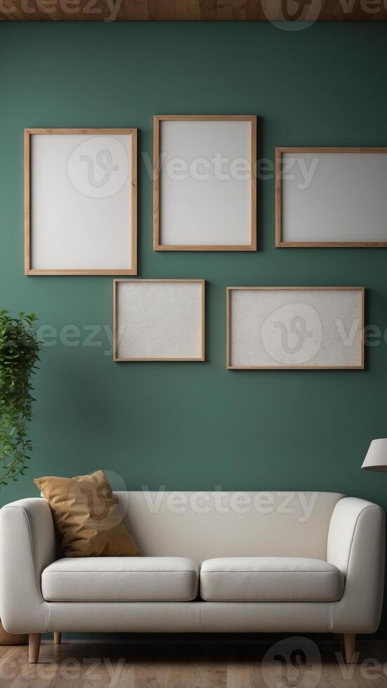 A white couch sits in front of a green wall with two empty picture frames. photo