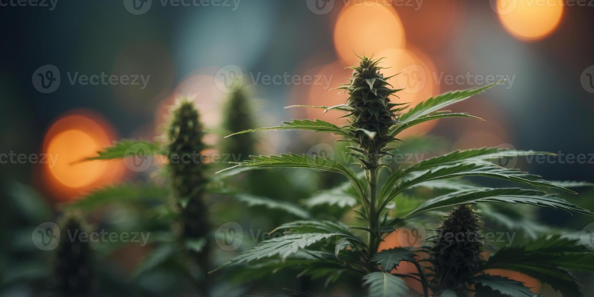 multicolored cannabis weed leaves atmospheric green background with smoke with copy space. photo