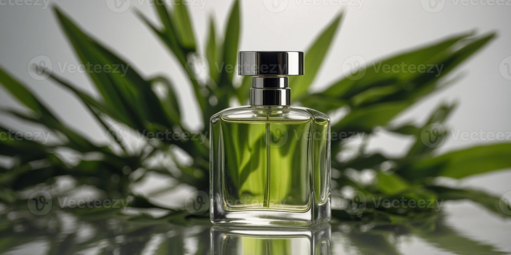 Minimalist Perfume Bottle Amidst Green Bamboo Leaves in Studio Lighting. photo