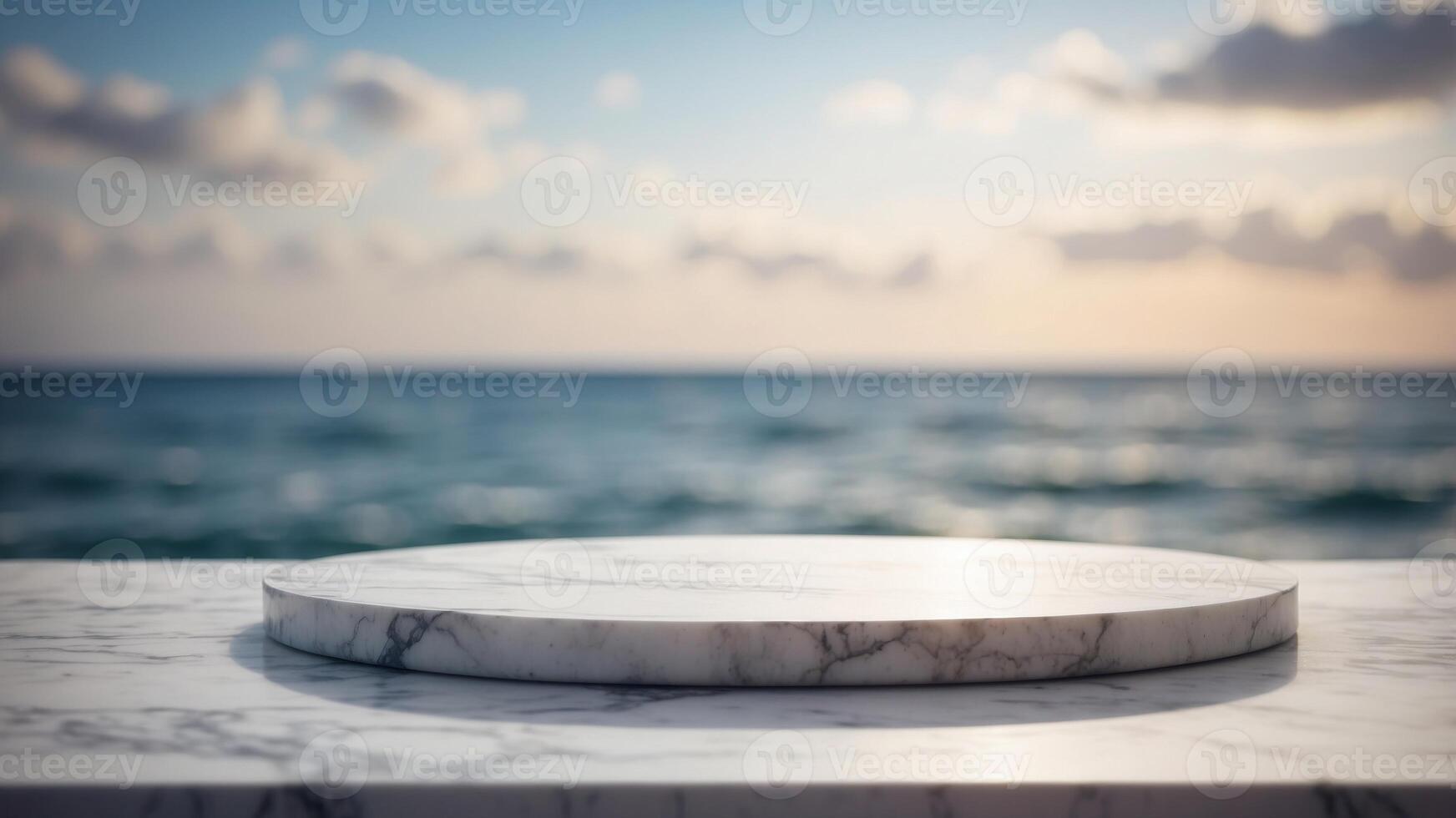 white marble podium with ocean sky background created with technology. photo