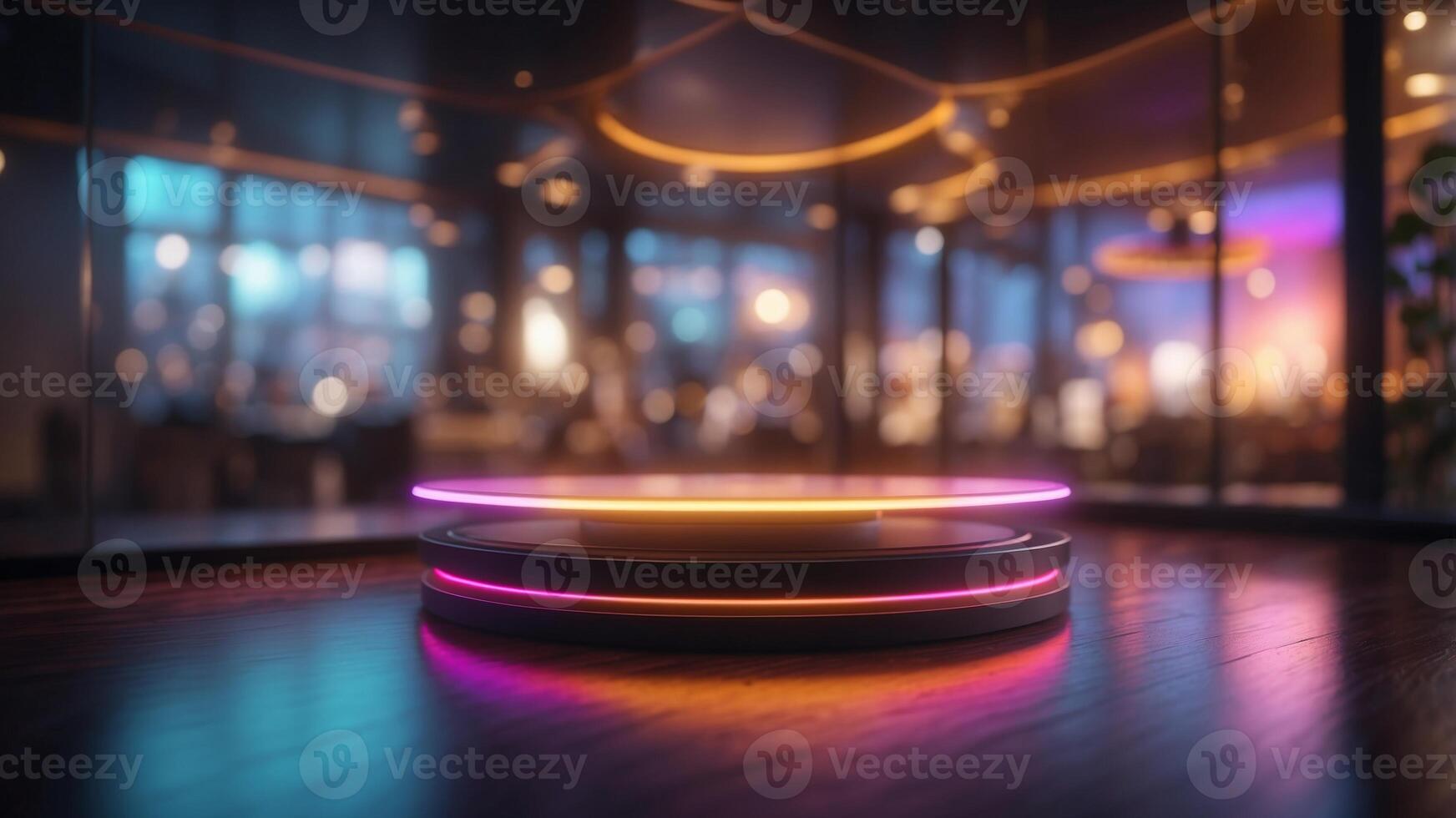 Modern interior with colorful neon lights and circular platform. photo