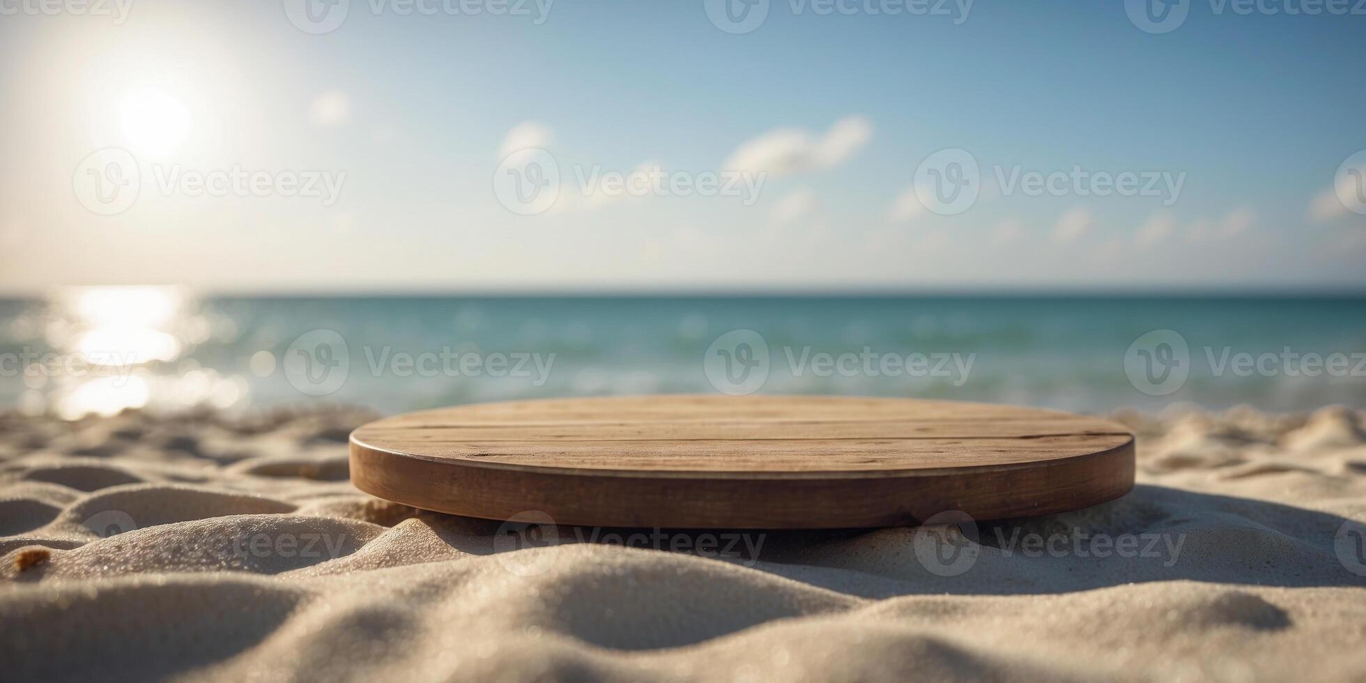 A tranquil beach features a circular wooden platform surrounded by pristine white sand and a vast ocean under a bright blue sky. photo