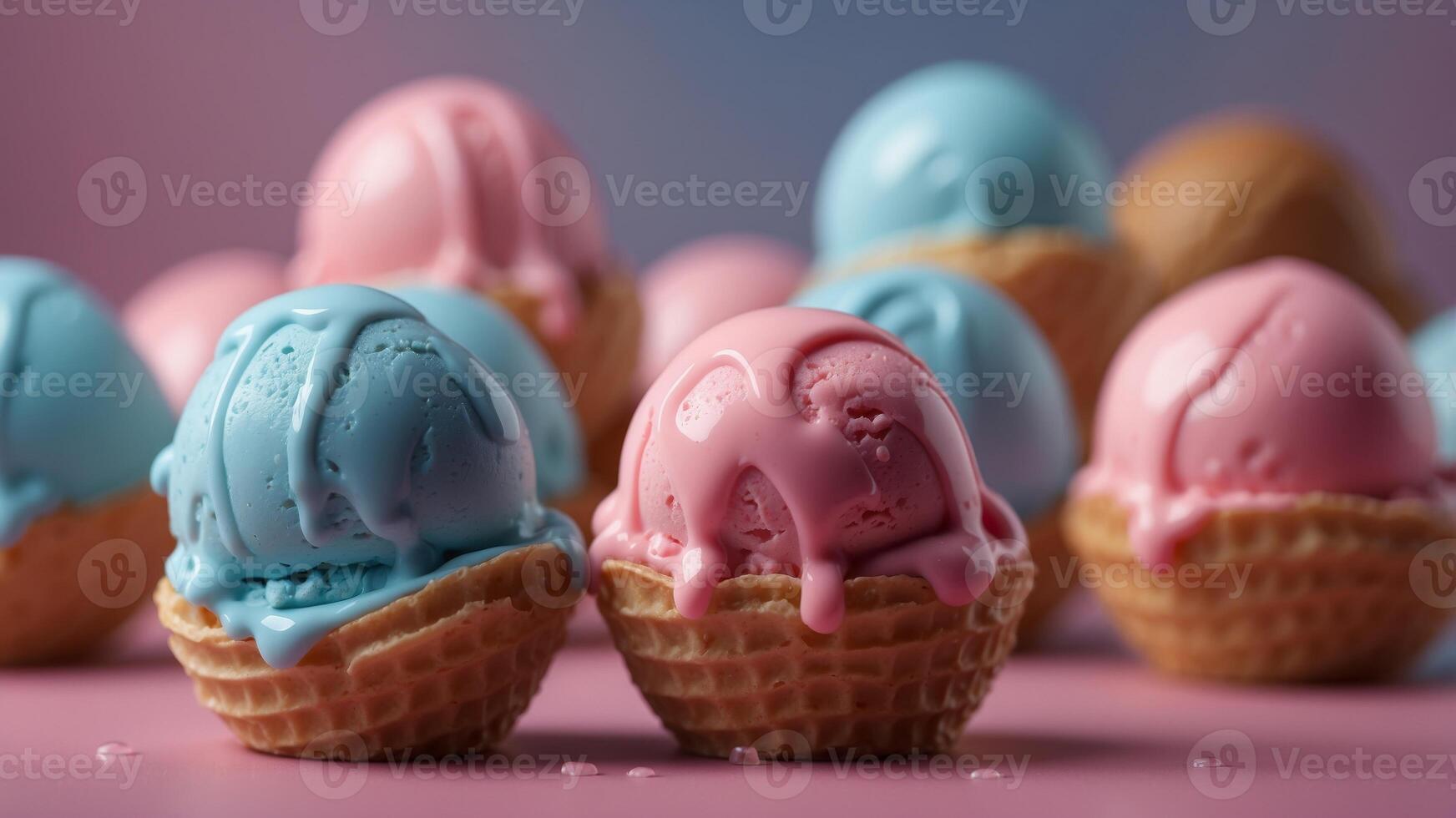 blue ice cream melting and dripping on pink background. photo