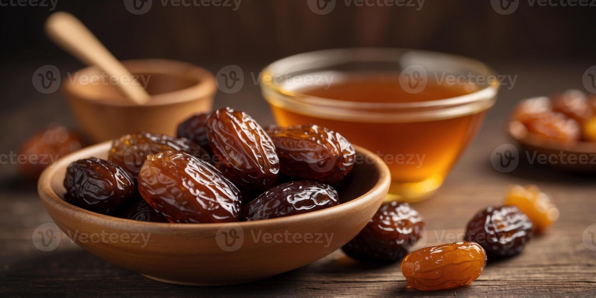 Natural sweet date syrup with whole and dried pitted dates poured from a wooden honey dipper into a small bowl. photo