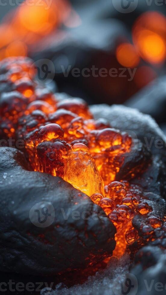 Molten lava flowing through ice and snow. photo