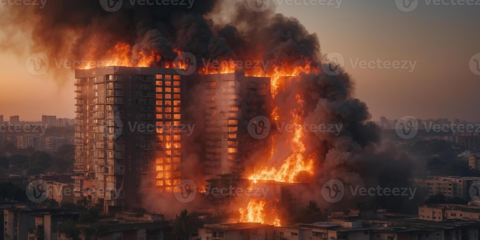 Devastating Fire Engulfs Residential Tower Block with Billowing Smoke and Intense Flames. photo