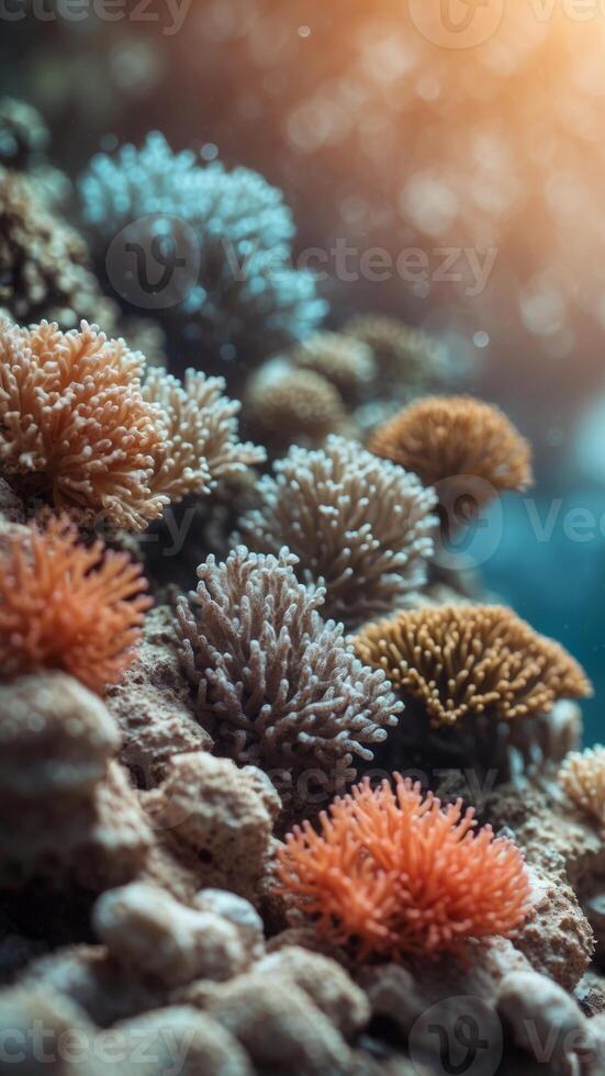 Healthy coral reef and bleached reef nearby. photo