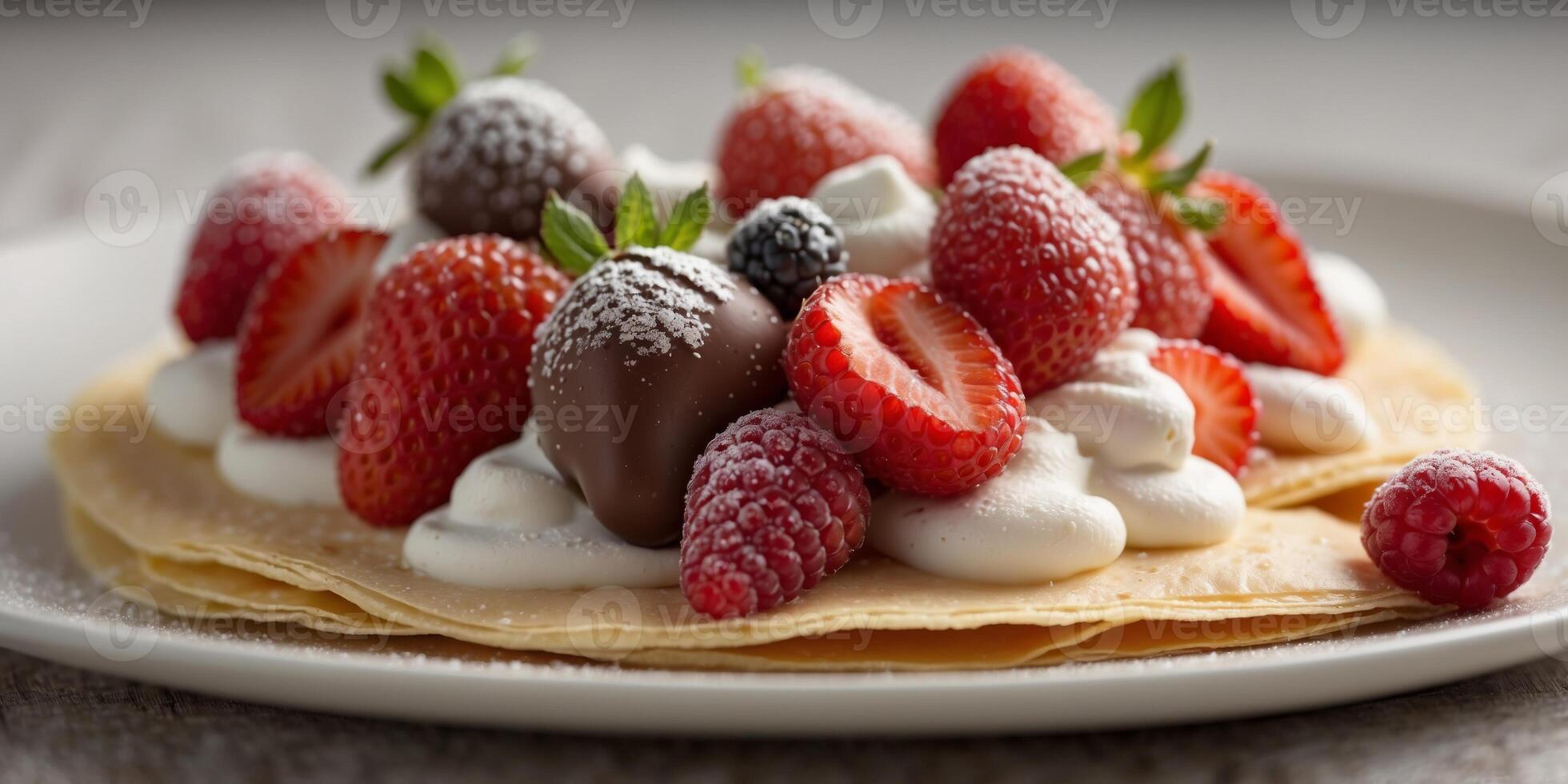 crepe dessert food strawberries raspberries chocolate whipped cream sweet delicious pastry berry treat breakfast gourmet folded crepe. photo