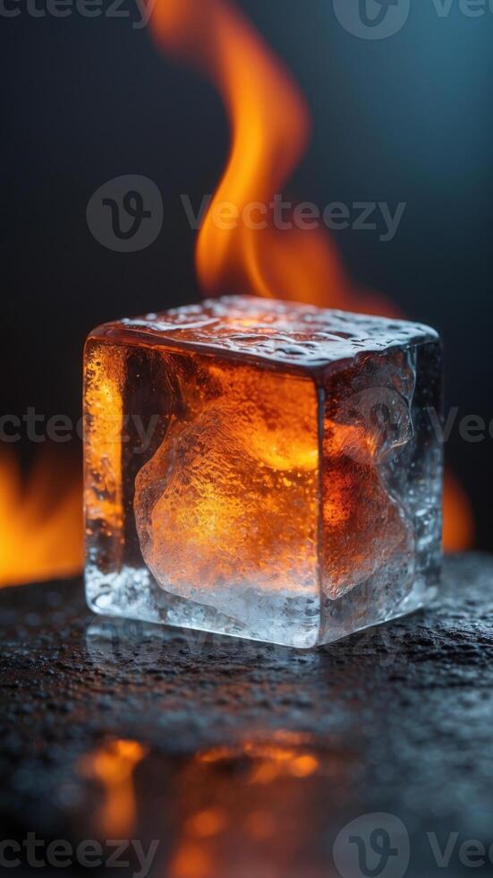 ice and fire two ice cubes one of them burning. photo