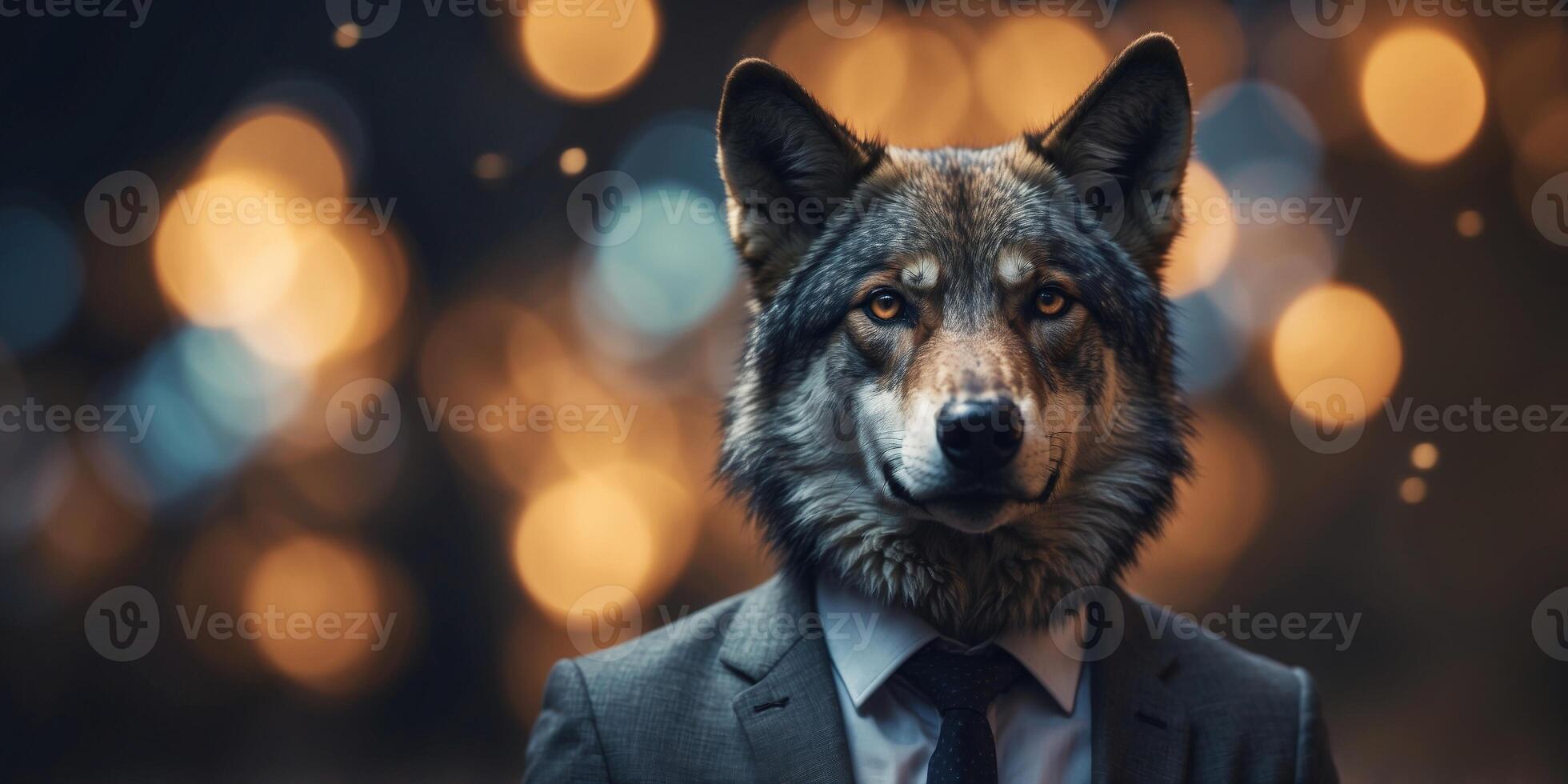 Mystic wolf in business suit standing in dark. photo