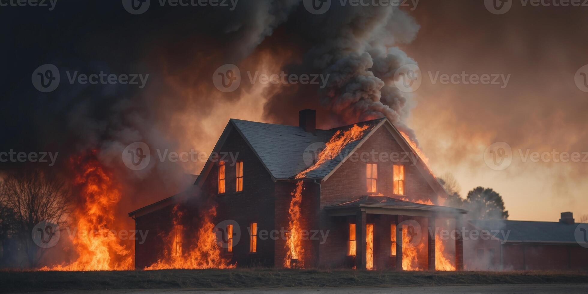 Brick Building engulfed in Flames with Smoke billowing in the sky. photo