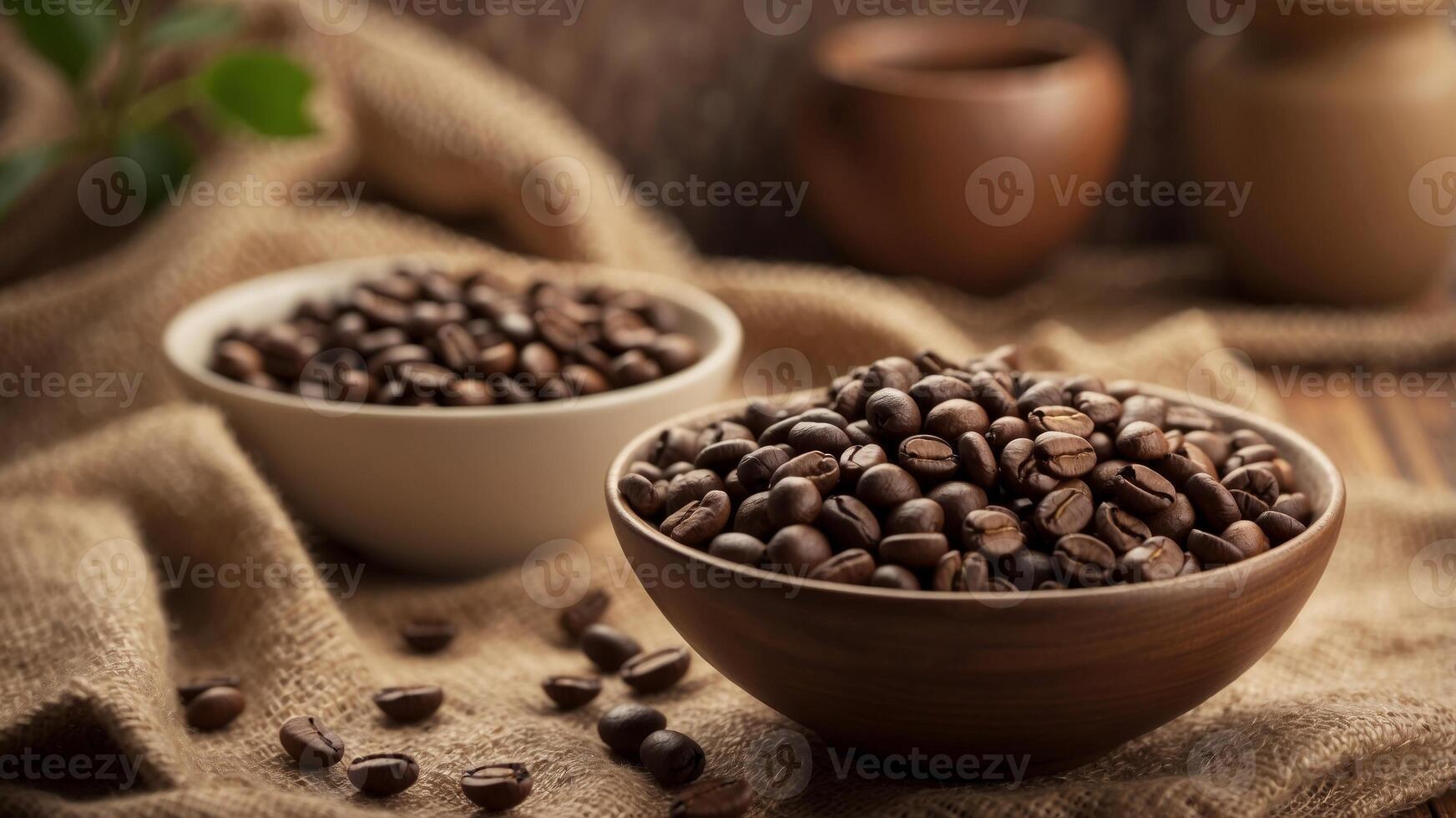 Bowl of coffee beans on rustic table with burlap sacks. photo