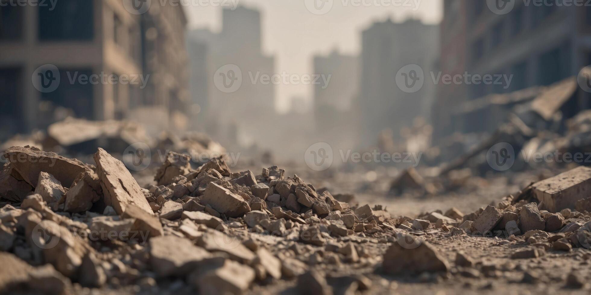 Devastated urban cityscape covered in dust and rubble after a massive destruction event. photo