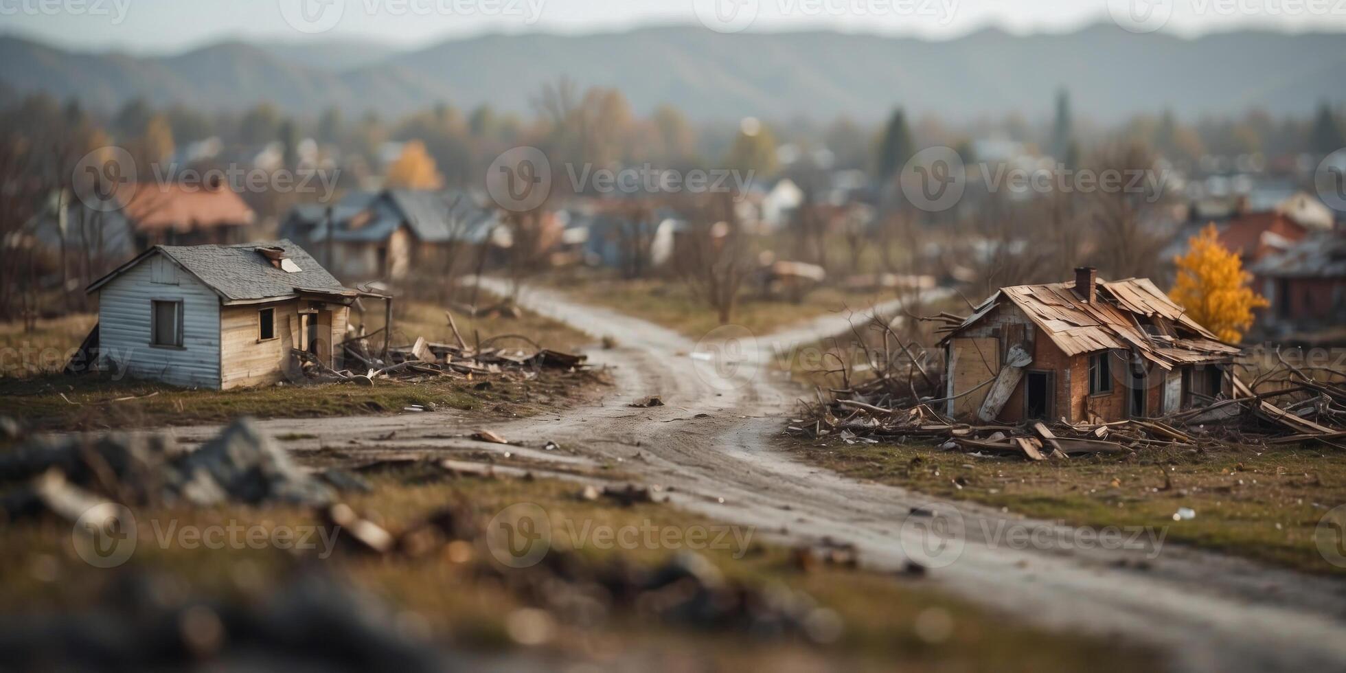 Devastating aftermath of a natural disaster in a small rural town. photo
