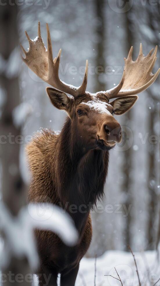 moose or elk in a birch forest with snow. photo