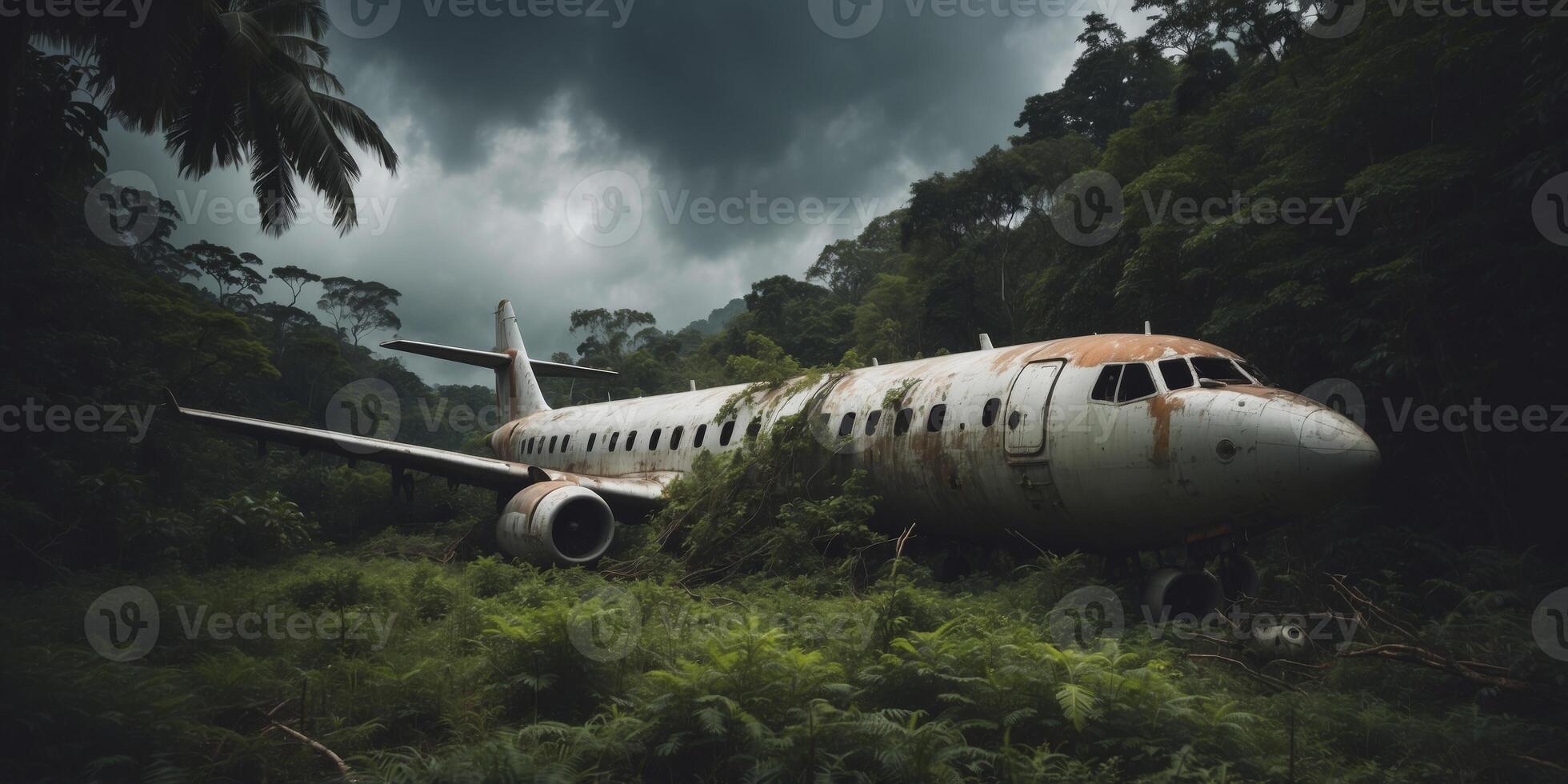 Crashed Passenger Plane Abandoned in Lush Jungle Overgrowth with Ominous Clouds Overhead. photo