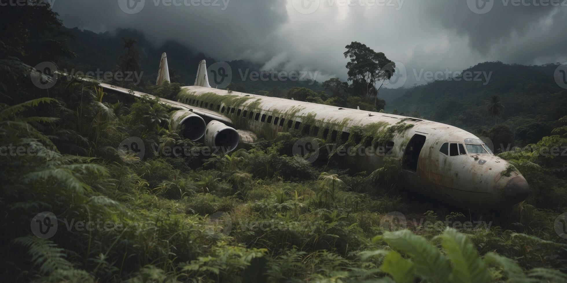 Crashed Passenger Plane Abandoned in Lush Jungle Overgrowth with Ominous Clouds Overhead. photo