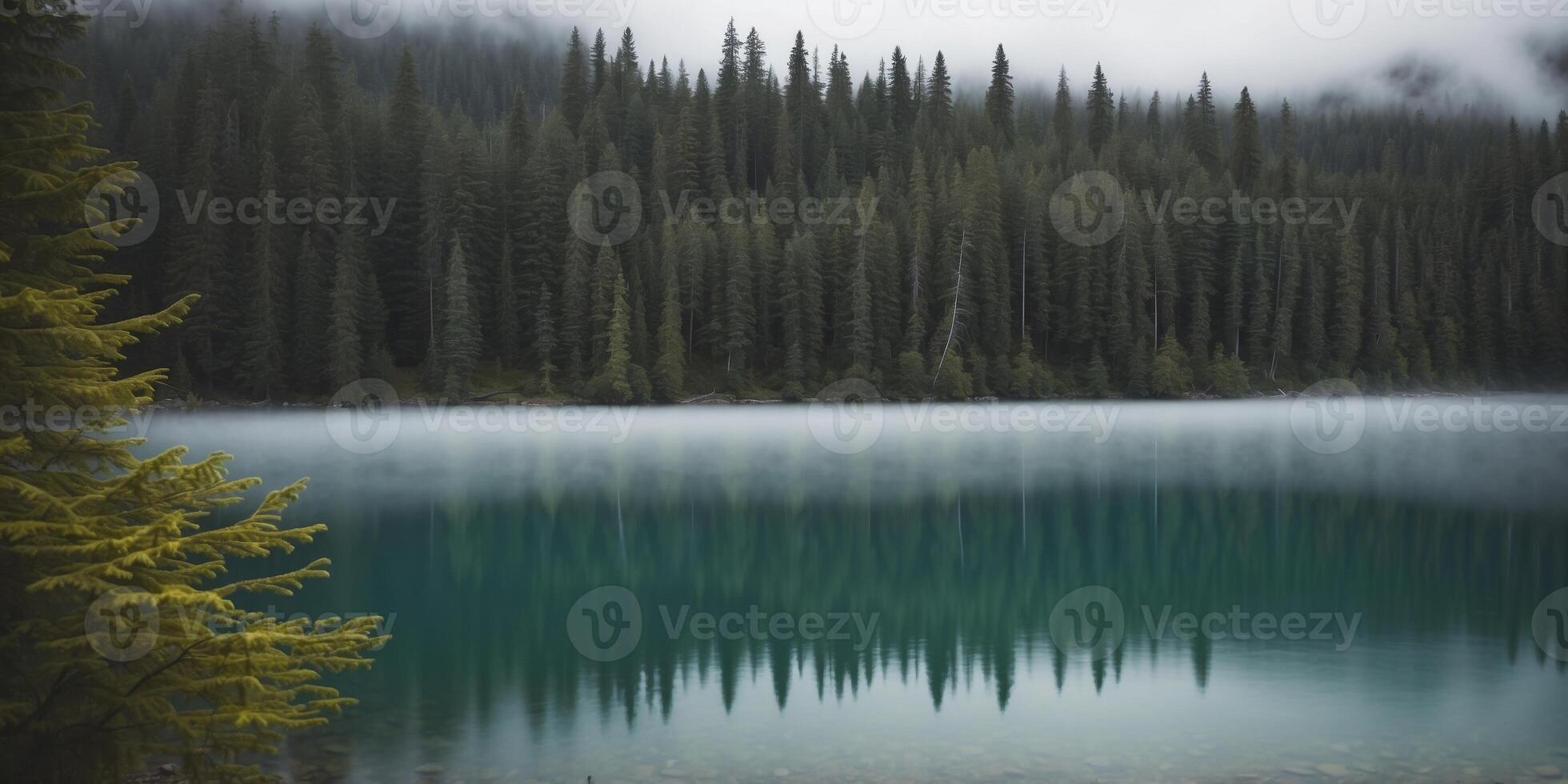 Misty serene forest by an emerald lake in Canada. photo