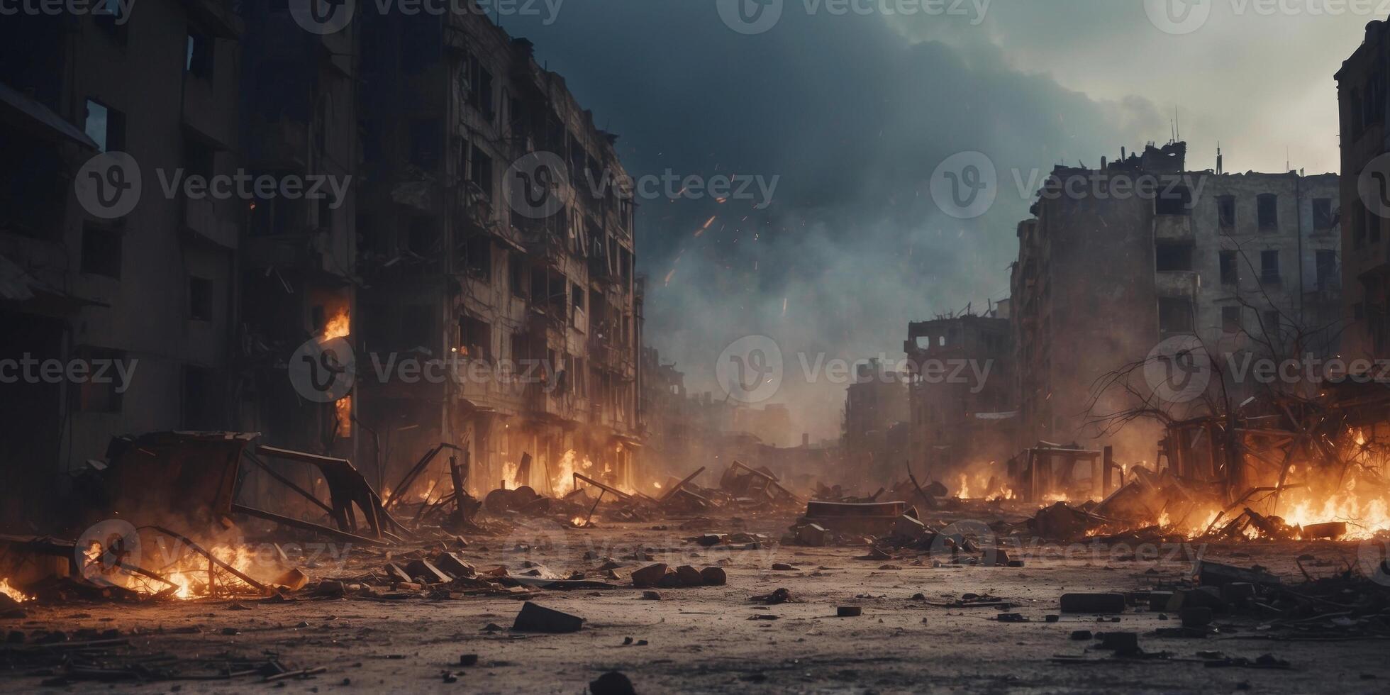 Devastation Unleashed Artistic Depiction of War Torn Buildings in Chaos. photo