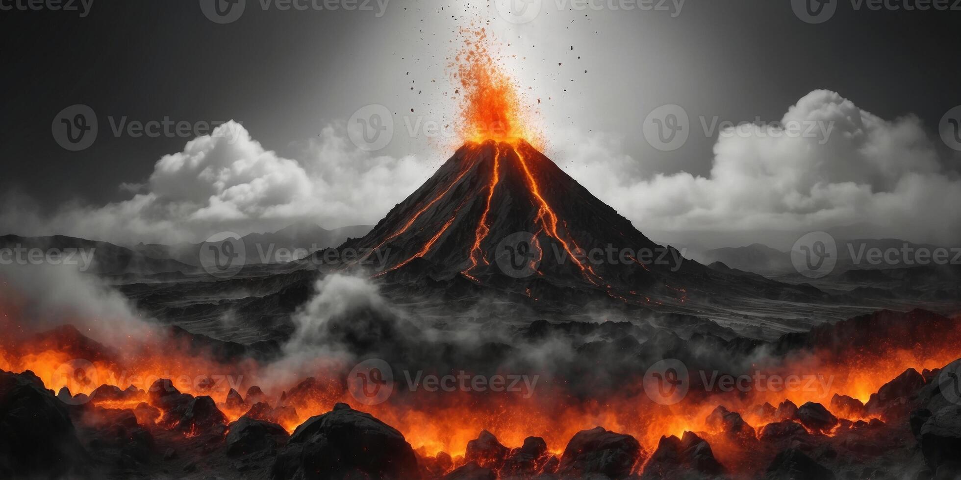 Volcanic eruption flat design top view disaster theme animation black and white. photo