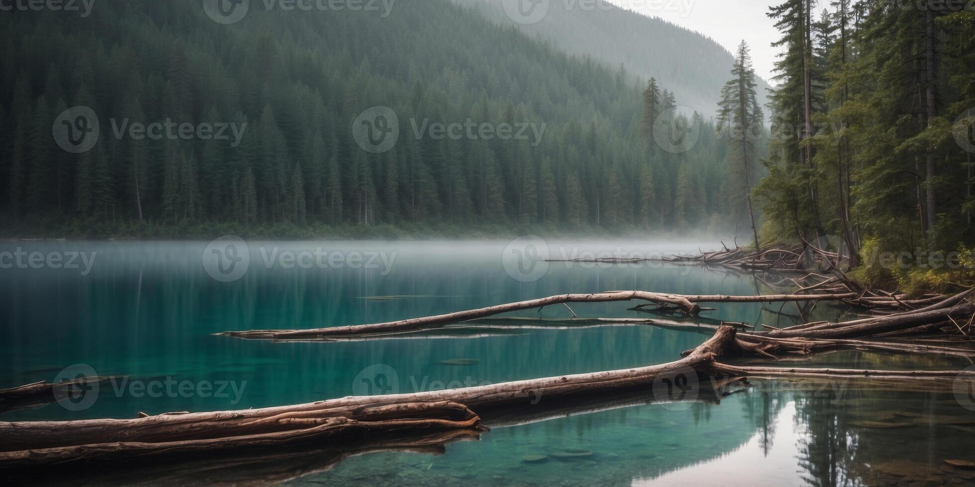 Misty serene forest by an emerald lake in Canada. photo