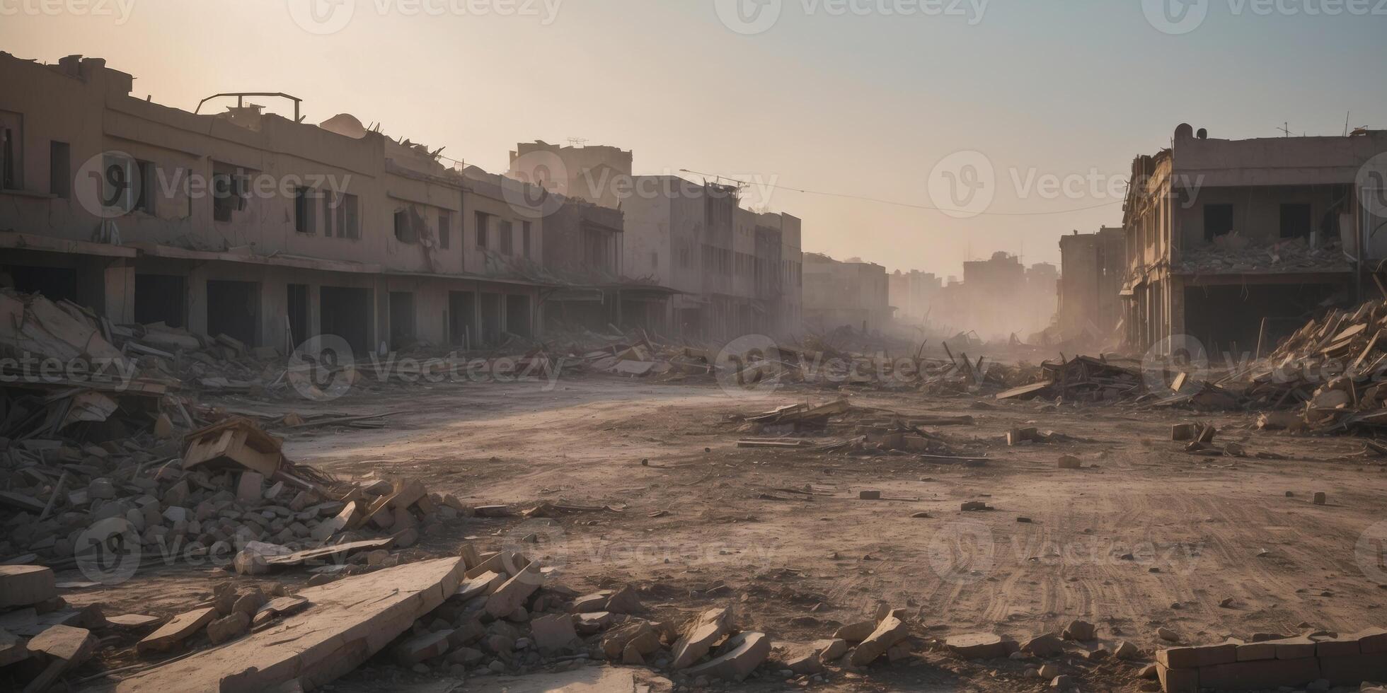 Devastated urban cityscape covered in dust and rubble after a massive destruction event. photo