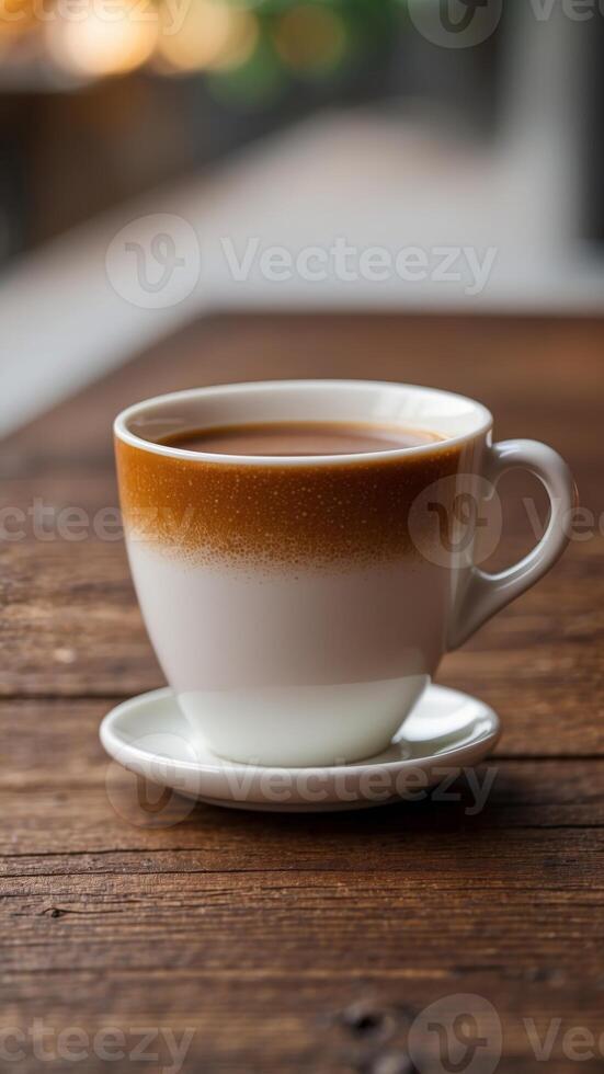 A white coffee cup with a brown foam on top sits on a wooden table. photo