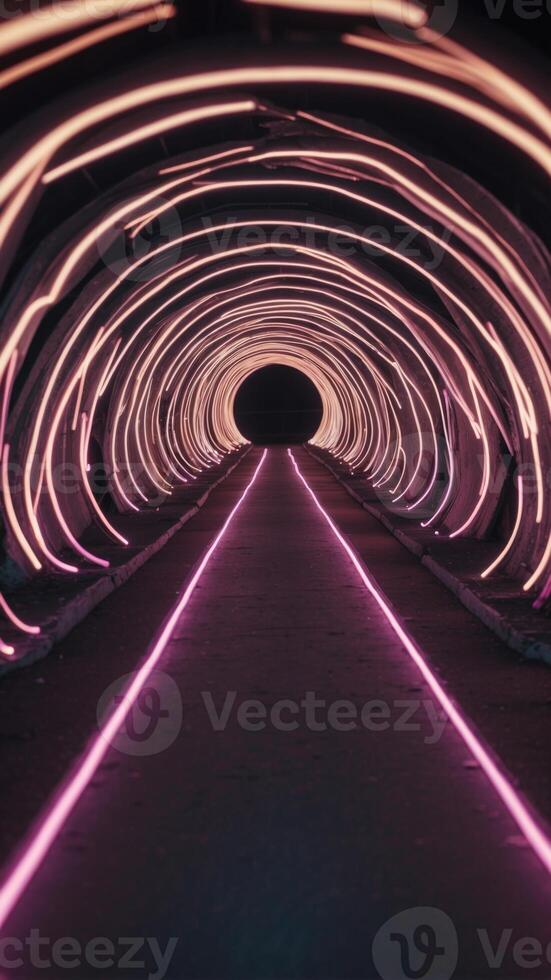 Futuristic Neon Tunnel with Glowing Lights and Circular Path. photo