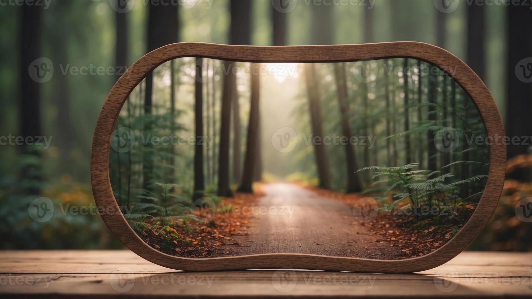 A mirror reflecting the beauty of a forest on a wooden floor. photo