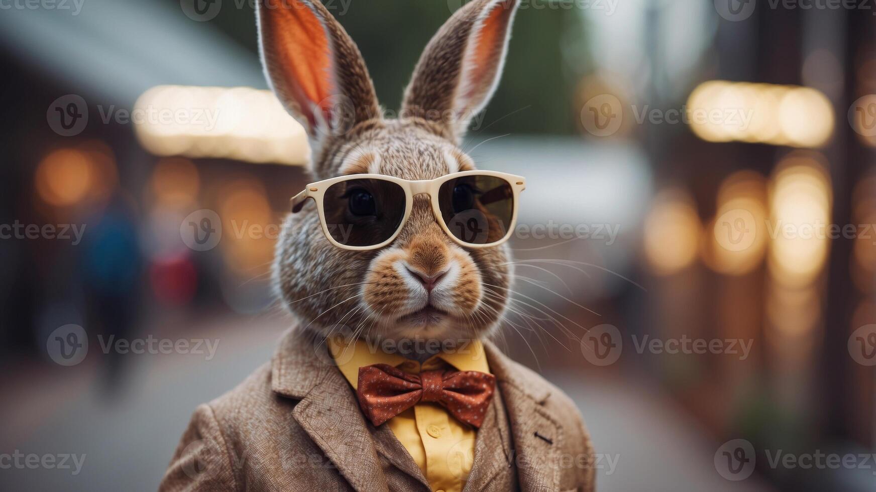 Rabbit dressed in stylish clothes with sunglasses. photo