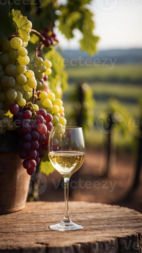 Wine and grapes overlooking the vineyard. photo