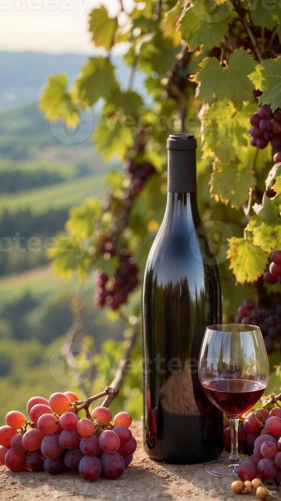 Wine and grapes overlooking the vineyard. photo
