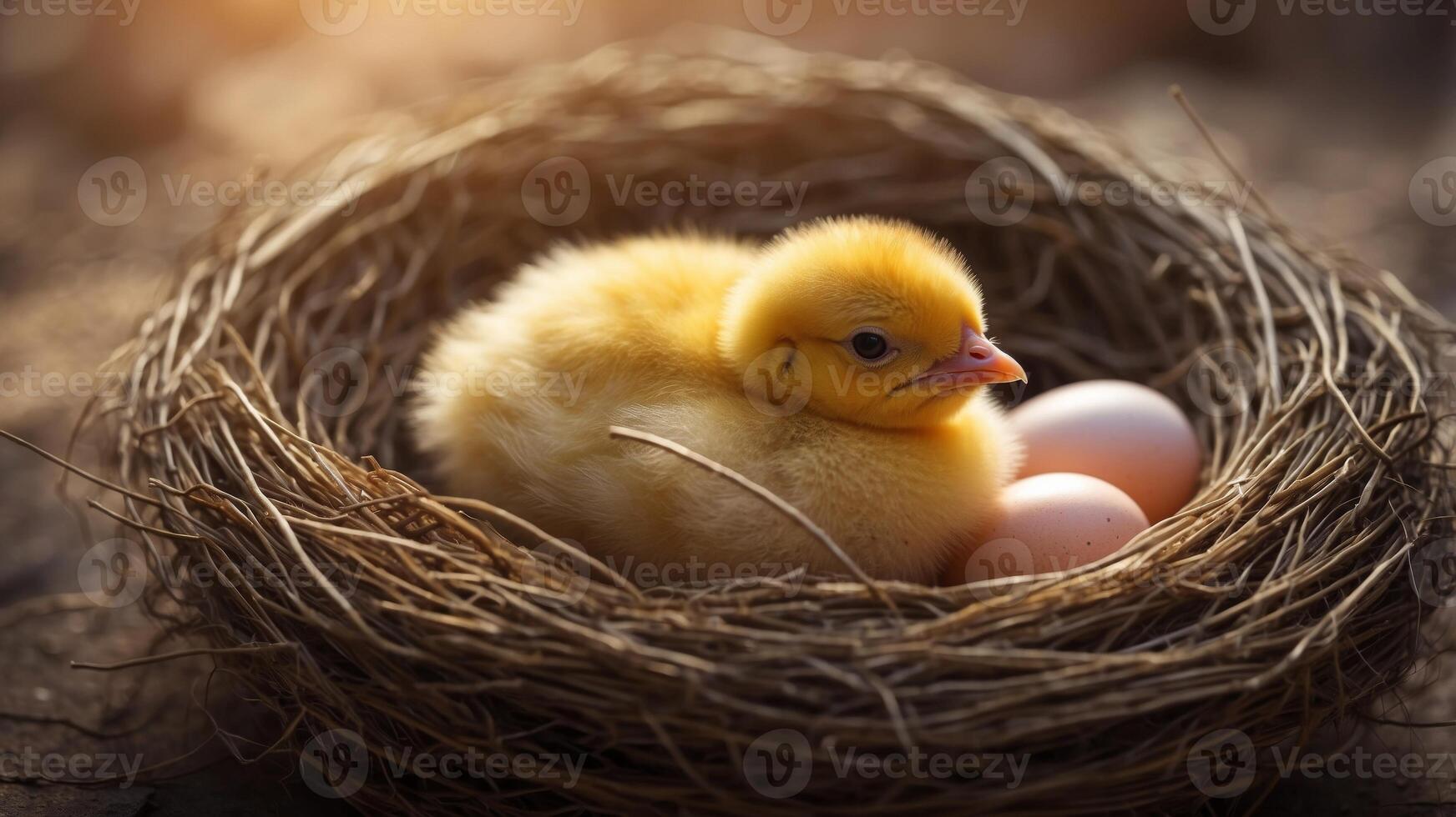 A Newborn Chick in a Nest with a Cracked Egg. photo