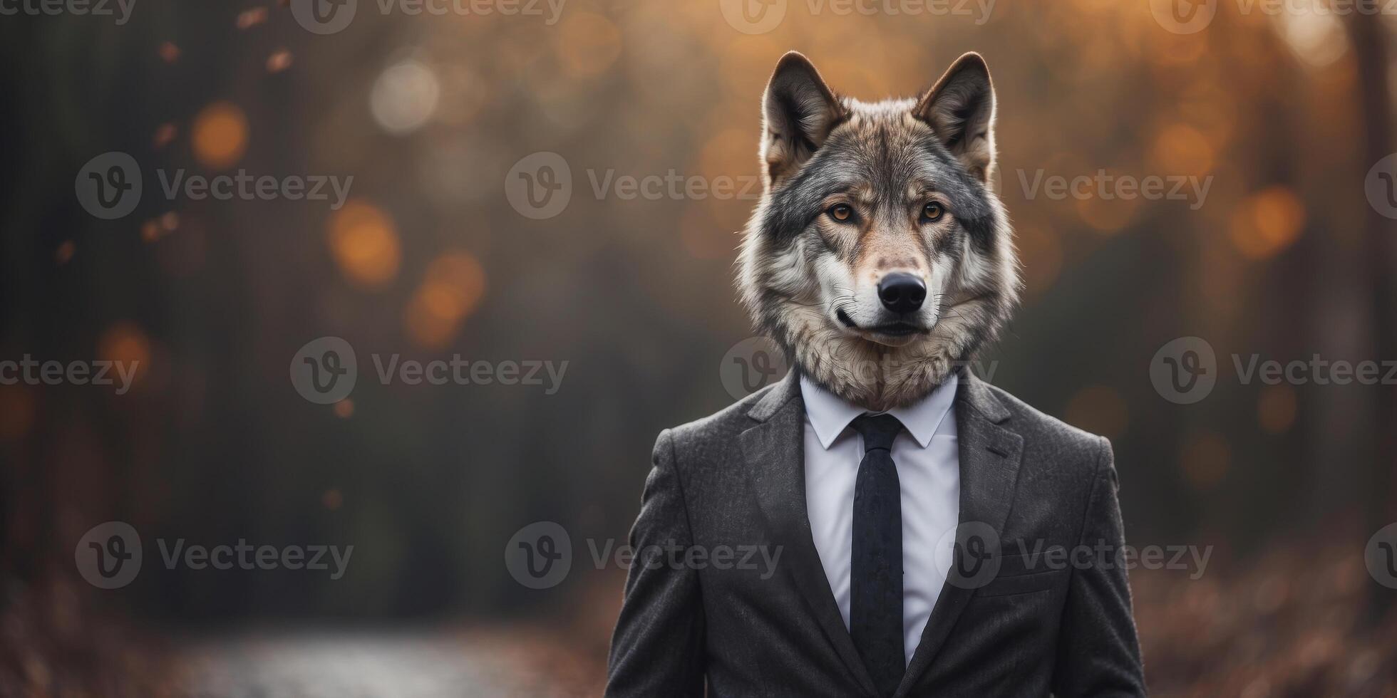 Wolf in a suit and tie standing upright and looking ahead. photo
