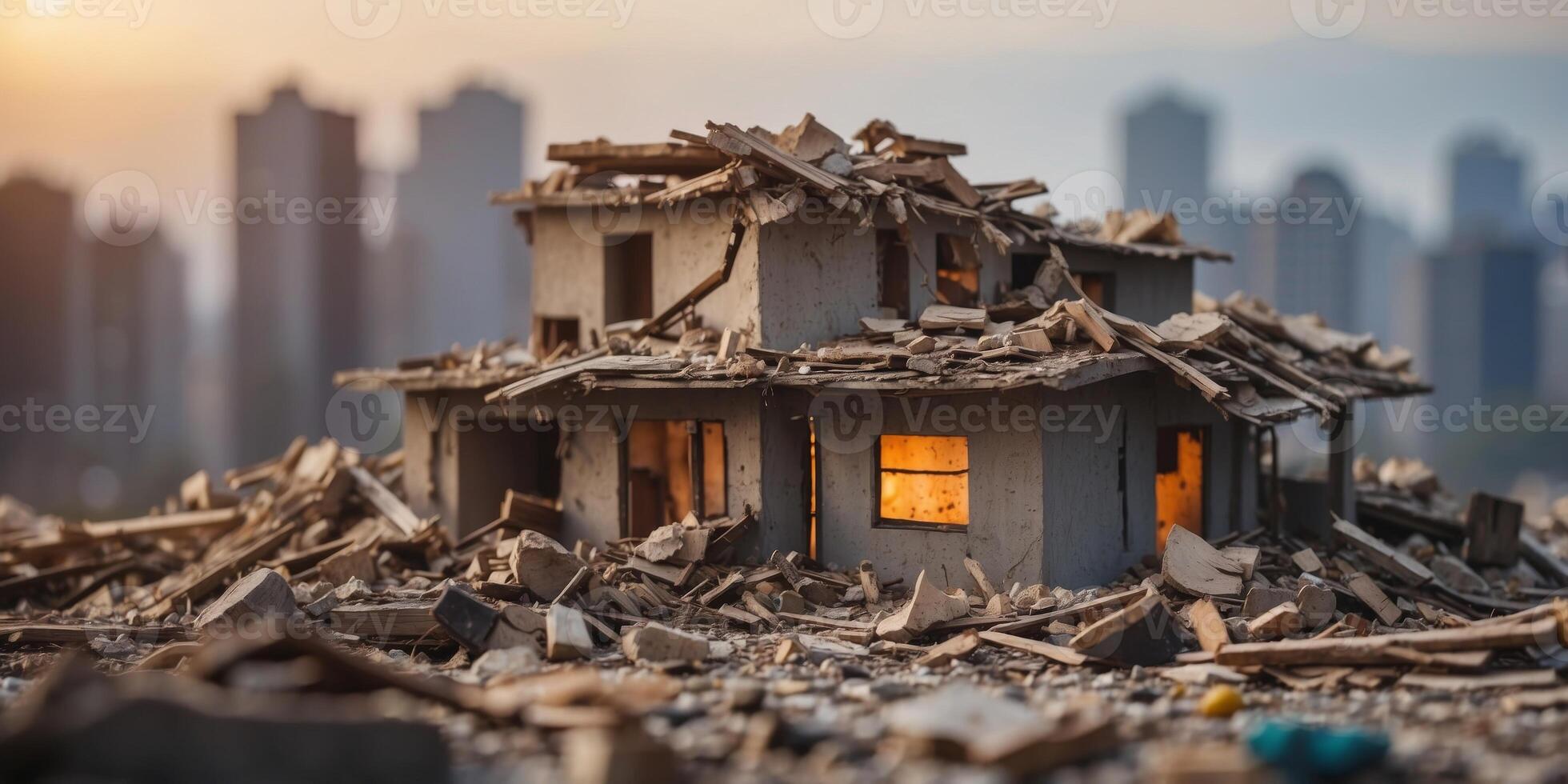 A damaged building with debris and rubble piled high on the rooftop. photo