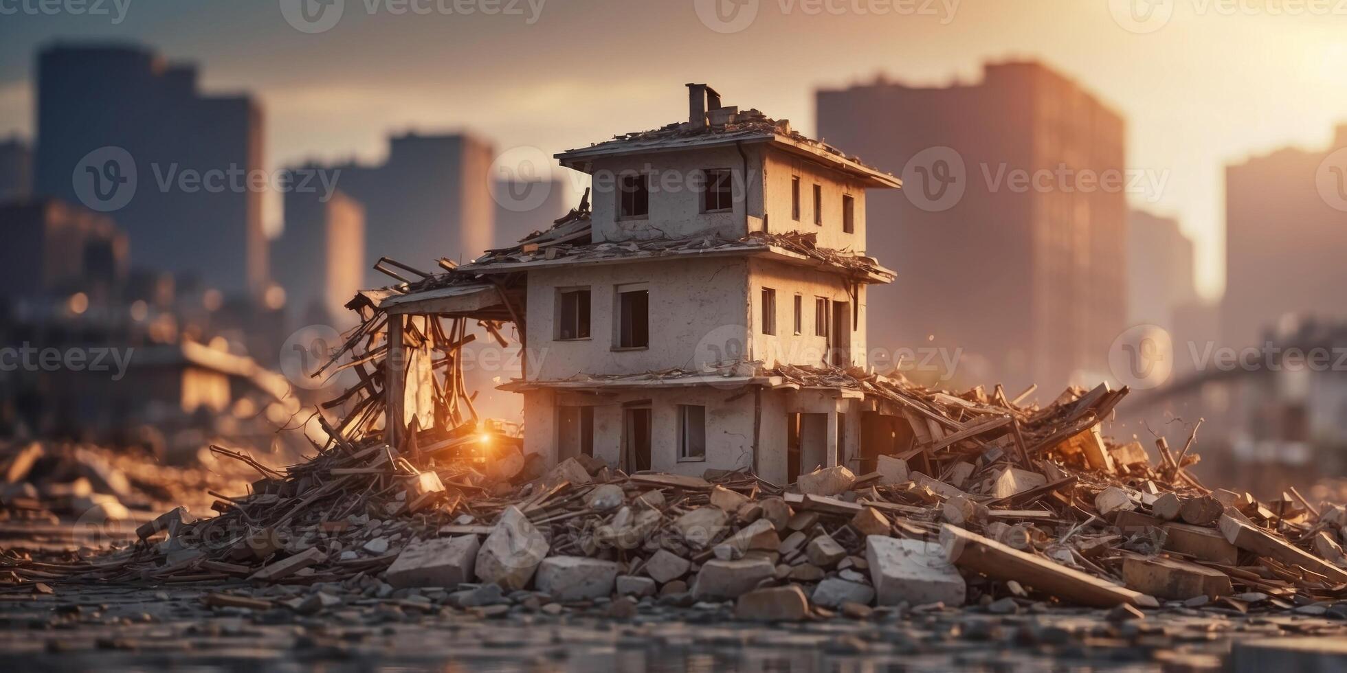 A damaged building with debris and rubble piled high on the rooftop. photo