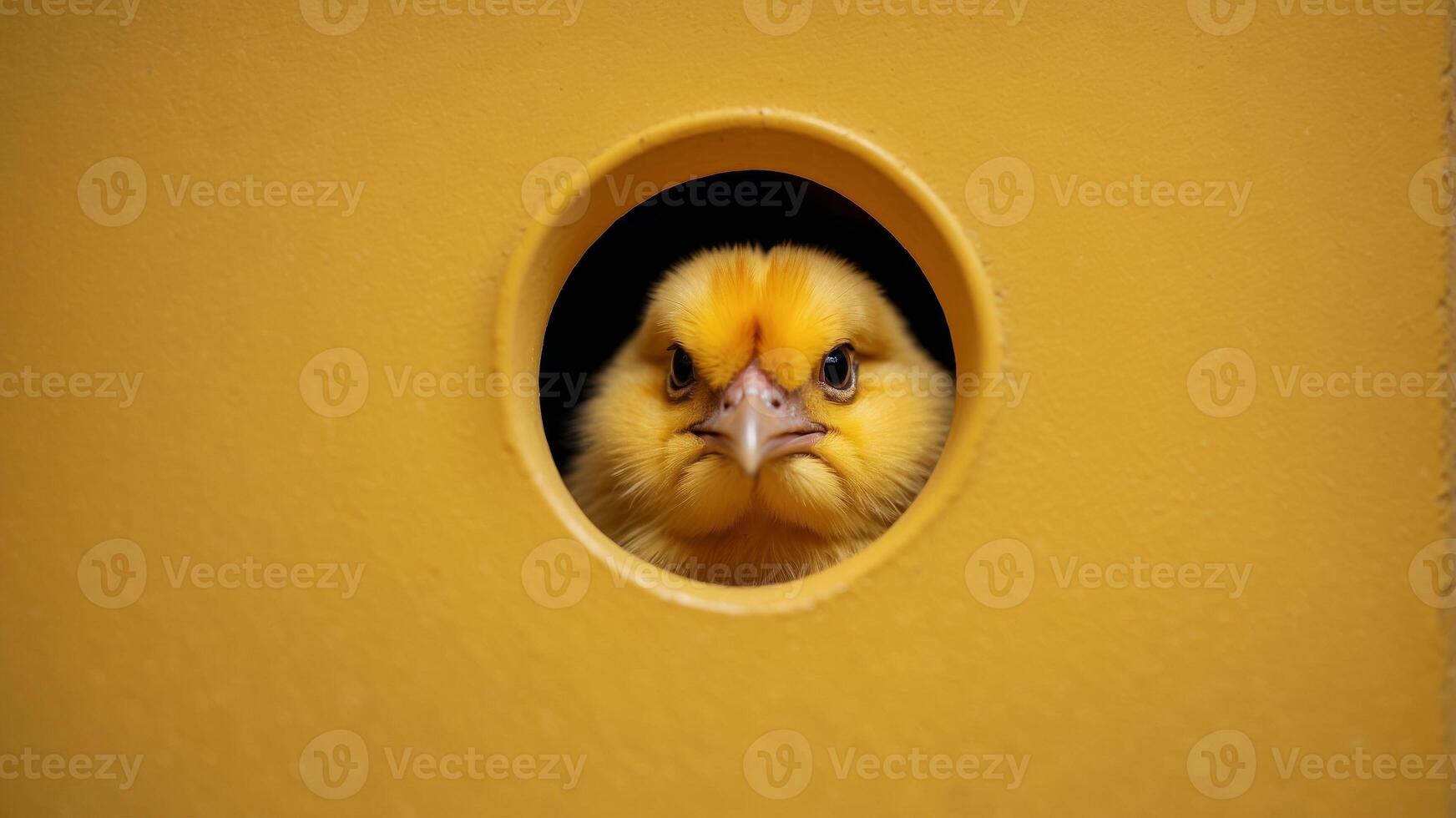 Yellow chick peeking out of a round hole on a yellow wall. photo