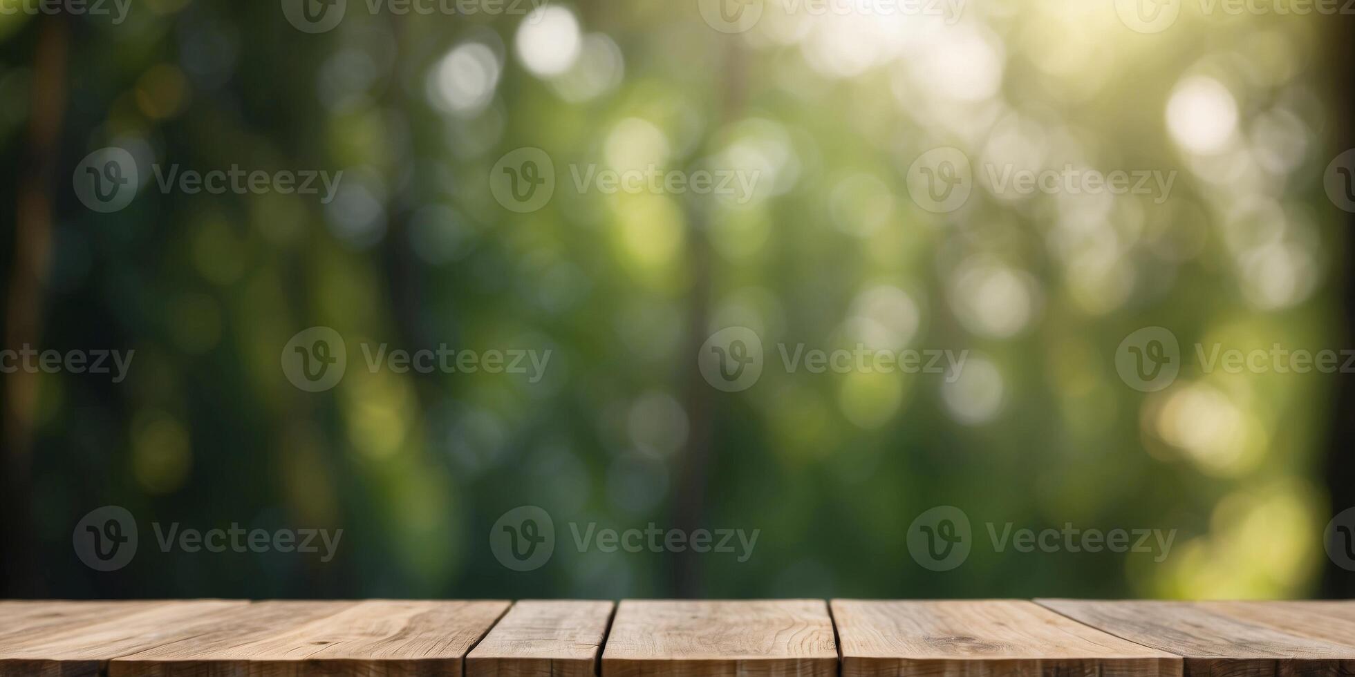 wooden board with green nature background. photo