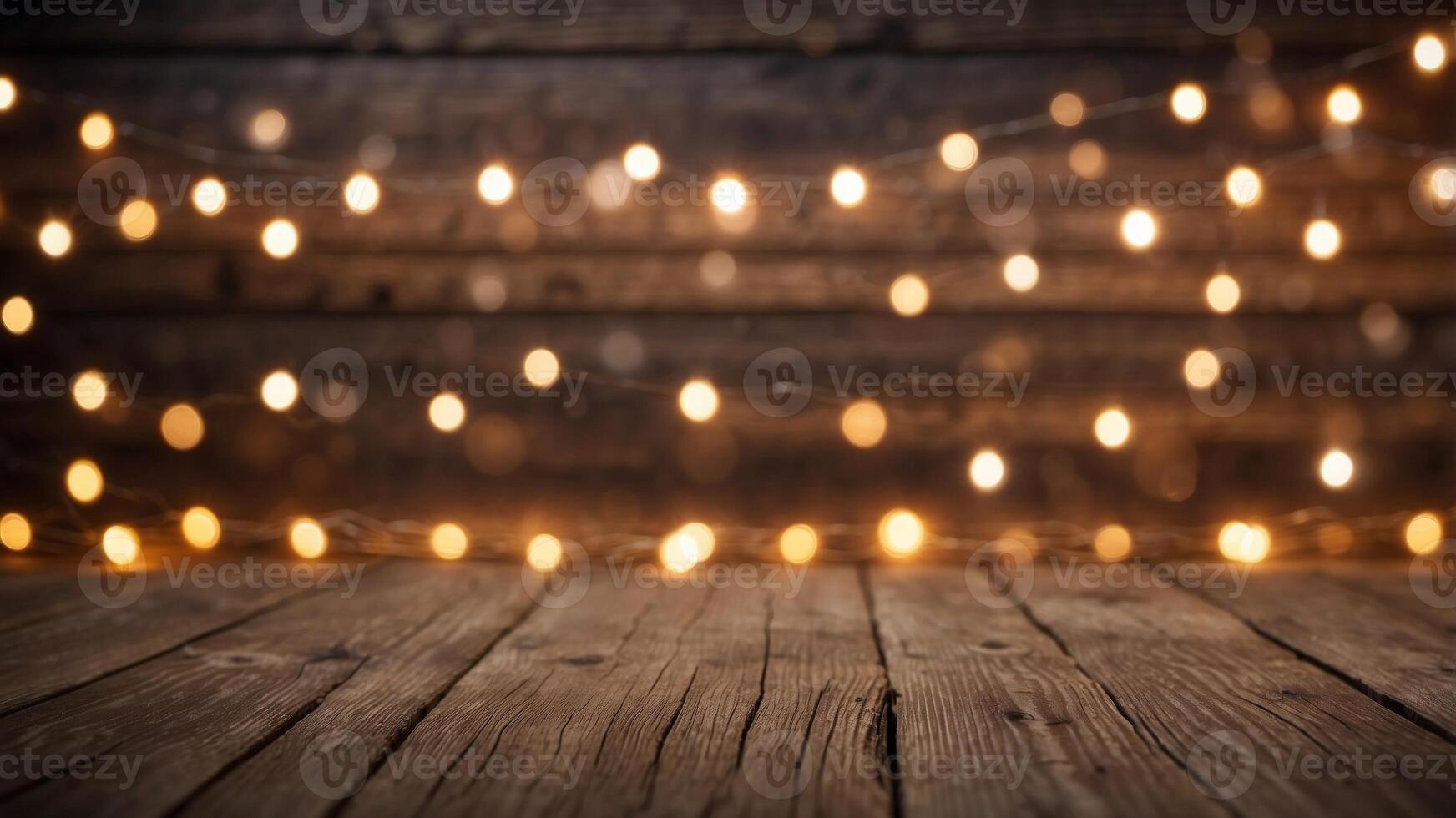 Rustic Wooden Background with String Lights. photo