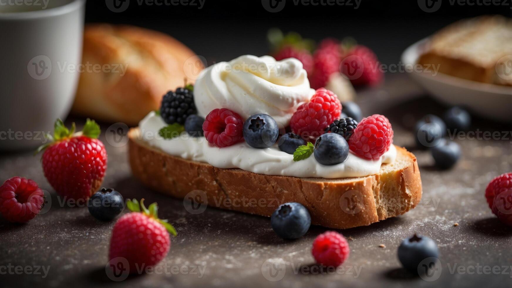 A pieces of bread topped with berries and whipped cream. photo