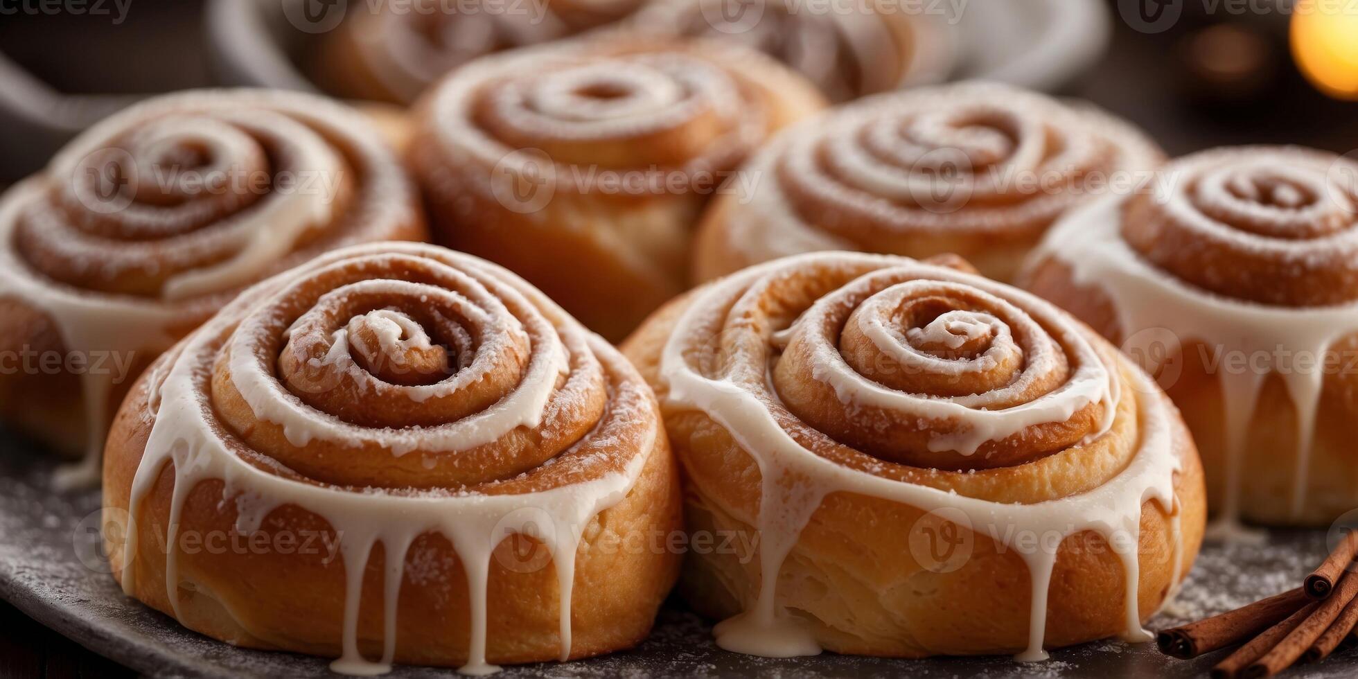 A platter of freshly baked cinnamon rolls drizzled with sweet icing and sprinkled with cinnamon sugar. photo