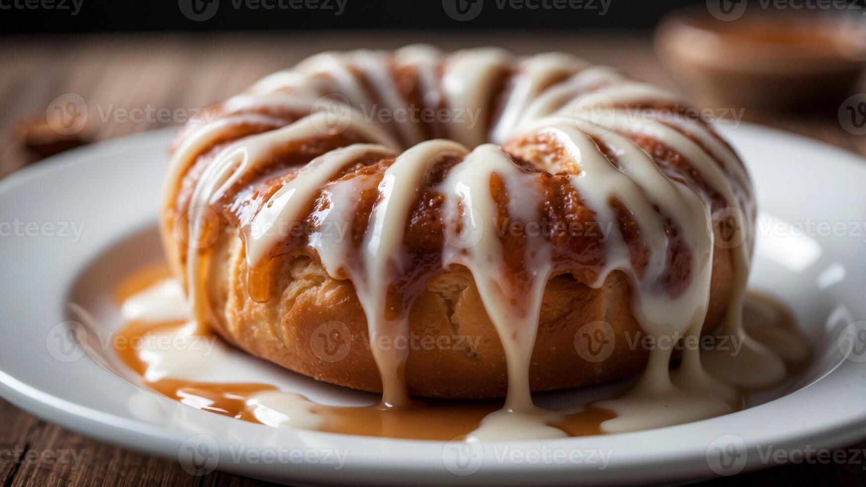Gooey Cinnamon Roll with Dripping Icing on White Plate Baked Pastry Concept. photo