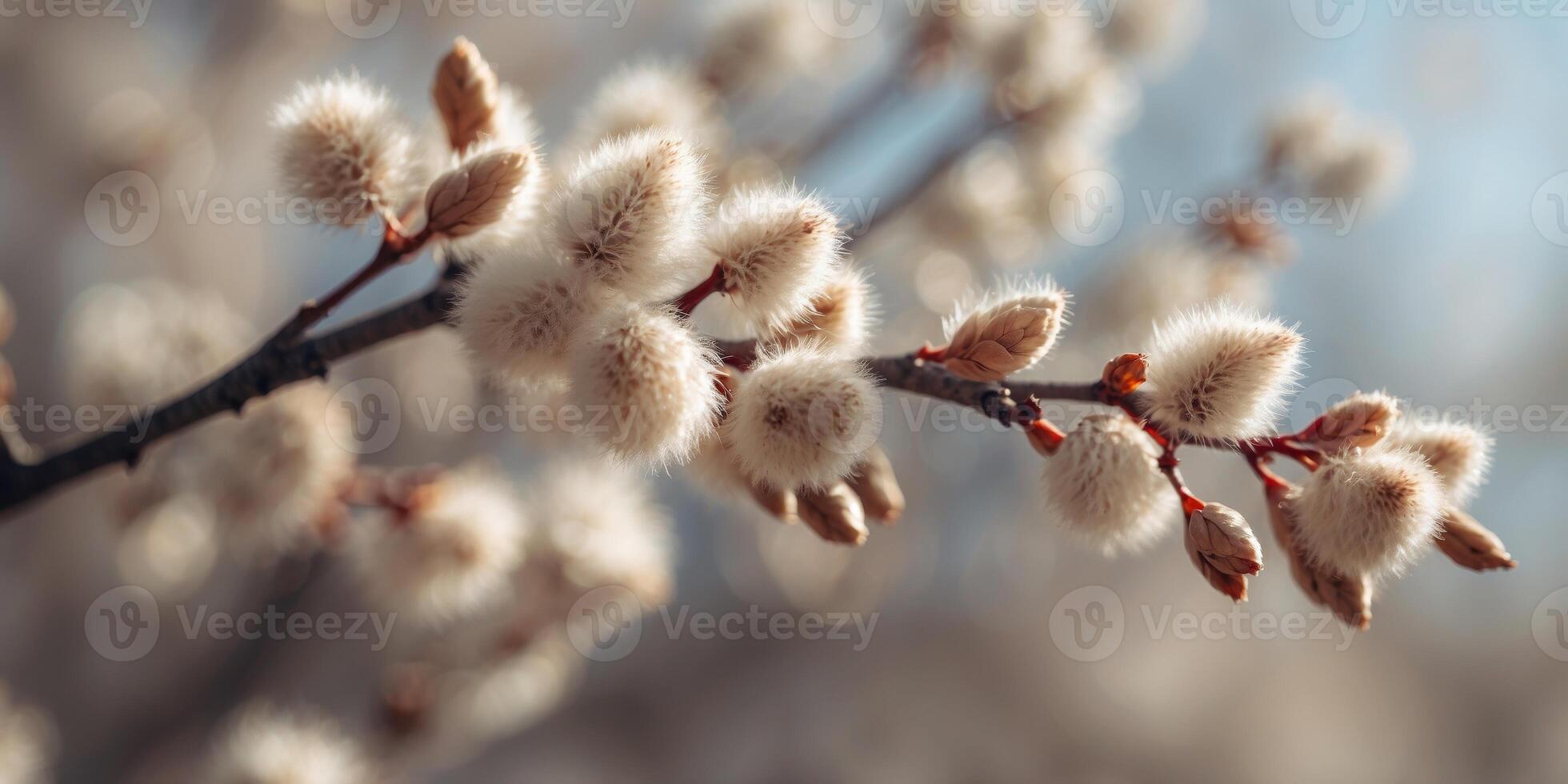 willow branches with fluffy buds on a sunny spring day. photo