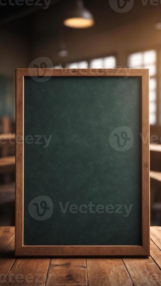 empty chalkboard in classroom anime background. photo