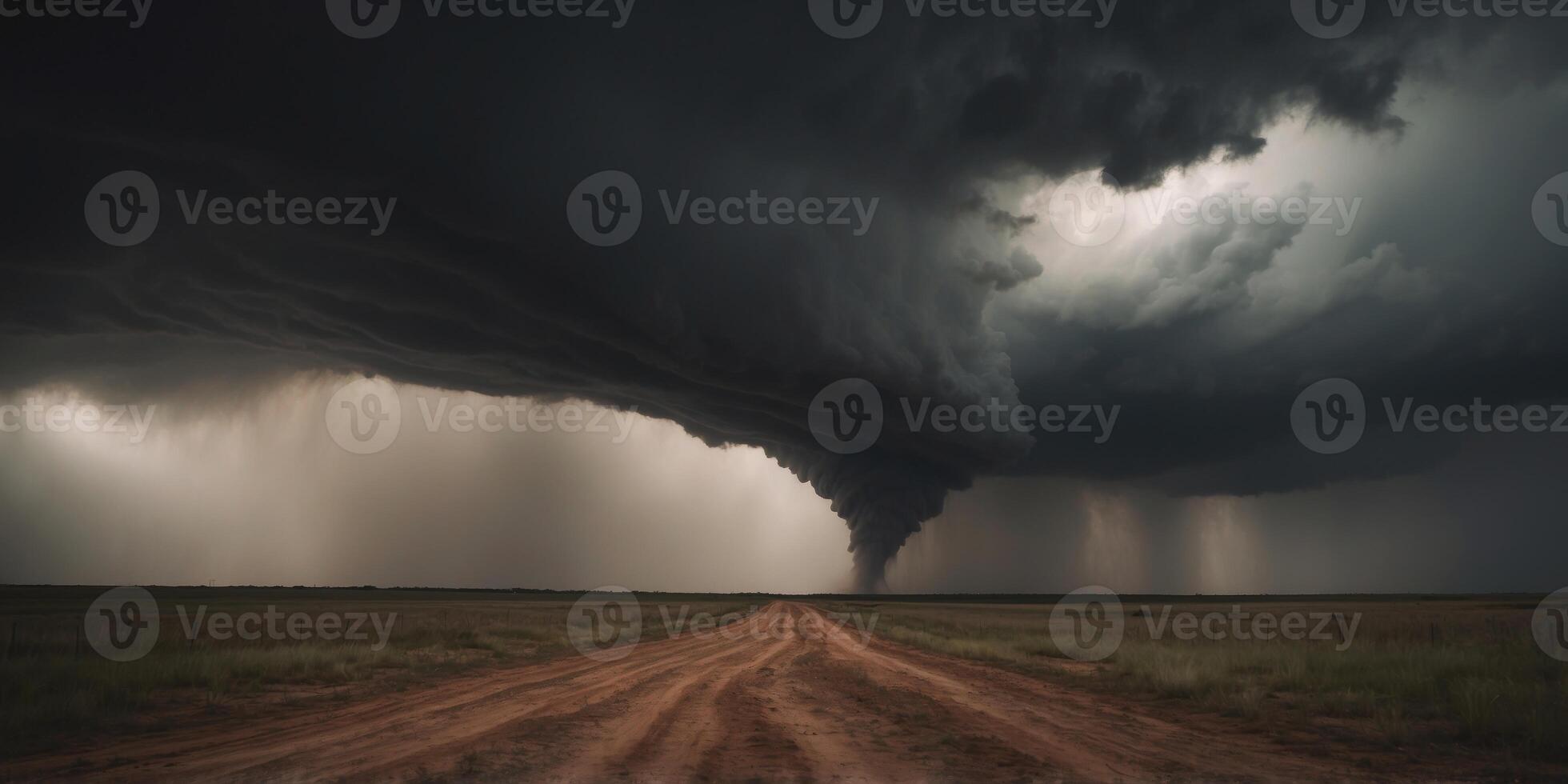 Raging tornado at the with in a dry dirt field with black clouds. photo